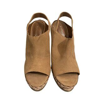 Boutique 9 Women's Size 10M Tan Leather Peep Toe Wedge Sandals shoes